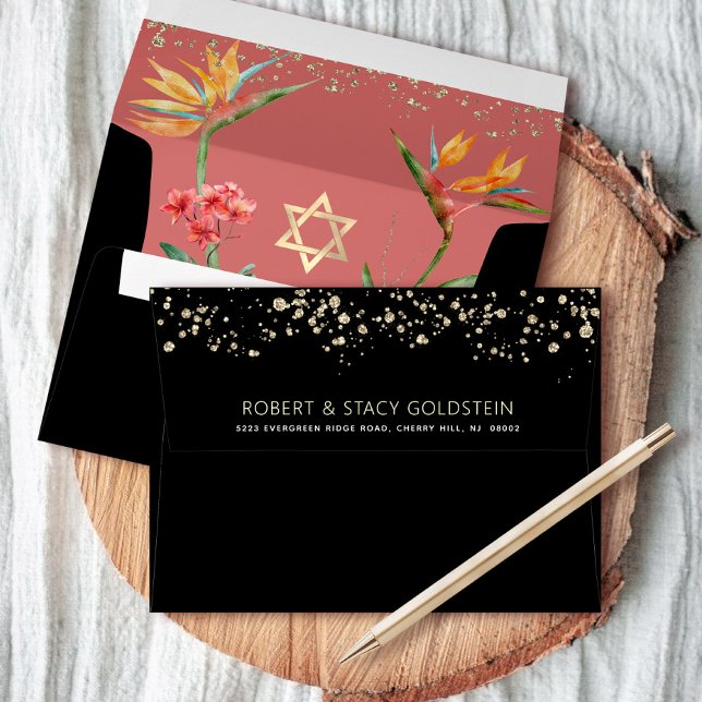 Bat Mitzvah Black Gold Tropical Floral Watercolor Envelope (Creator Uploaded)