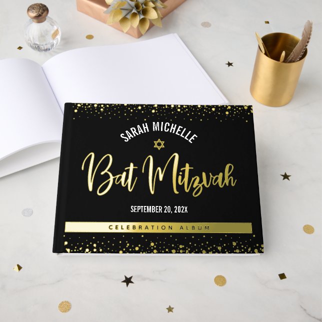 Bat Mitzvah Black Script Modern Real Gold Foil Guest Book (Front Open)