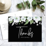 Bat Mitzvah Black Silver Script Floral Thank You Postcard<br><div class="desc">Make sure your favourite Bat Mitzvah shows her appreciation to all who supported her milestone event! Send out this sophisticated, personalised thank you postcard! A chic, stunning, white and gold glitter floral watercolor with faux gold foil script typography and white san serif type overlays a dramatic black background. A gold...</div>