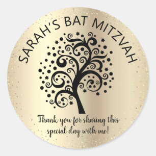 Bat Mitzvah Black Tree of Life Script Gold Foil Classic Round Sticker