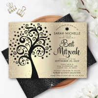 Bat Mitzvah Black Tree of Life Script Gold Foil