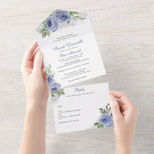 Bat Mitzvah, Blue and Silver Watercolor Flowers All In One Invitation