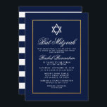 Bat Mitzvah Blue and White Stripes Gold Invitation<br><div class="desc">Bat Mitzvah Blue and Gold Invitation Card - Striped Back</div>
