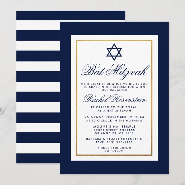 Bat Mitzvah Blue and White Stripes Invitation Gold (Front/Back)