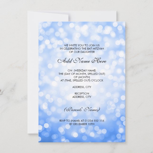 Bat Mitzvah Blue Glitter Lights Invitation (Front)