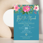 Bat Mitzvah Blue Gold Script Floral Watercolor Invitation<br><div class="desc">Be proud, rejoice and showcase this milestone of your favourite Bat Mitzvah with this sophisticated, personalised invitation! A chic, stunning, pink and peach floral watercolor with faux gold foil script typography and modern white sans serif type overlay a dusty turquoise teal blue background. Personalise the custom text with your Bat...</div>