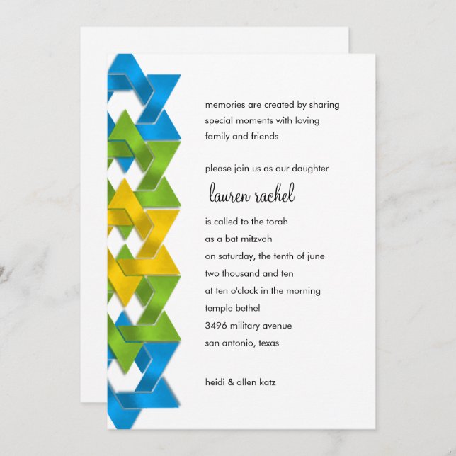 Bat Mitzvah Blue Green Yellow Stars on Any Colour Invitation (Front/Back)