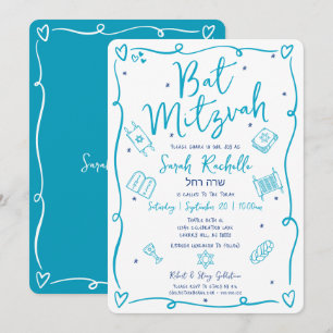 Bat Mitzvah Blue Hand Drawn Doodles Hebrew Name Invitation