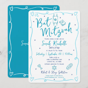 Bat Mitzvah Blue Hand Drawn Doodles Hebrew Name Invitation
