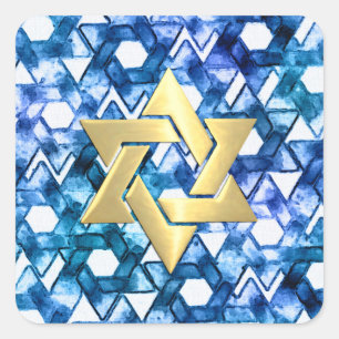Bat Mitzvah Blue Medley Watercolor Star Damask Square Sticker