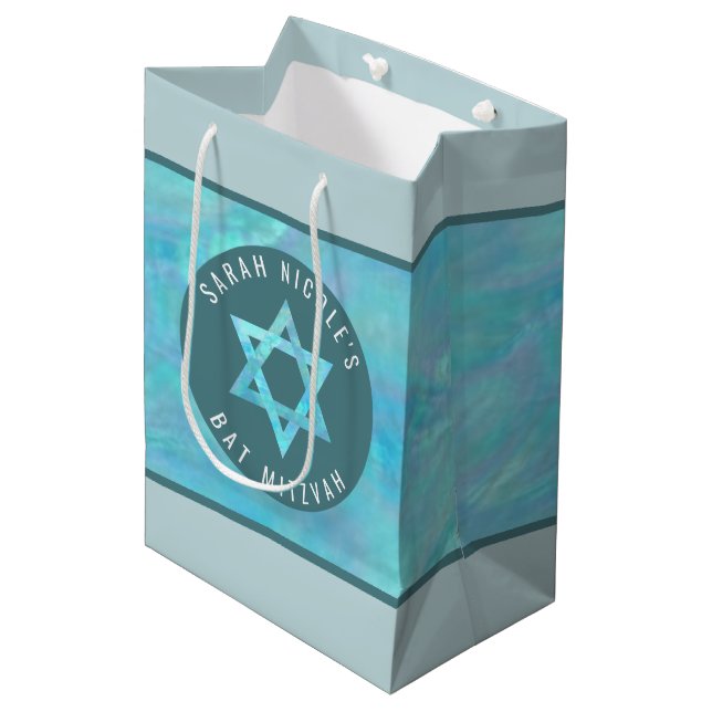 Bat Mitzvah Blue Opal Magen David Personalised Medium Gift Bag (Front Angled)
