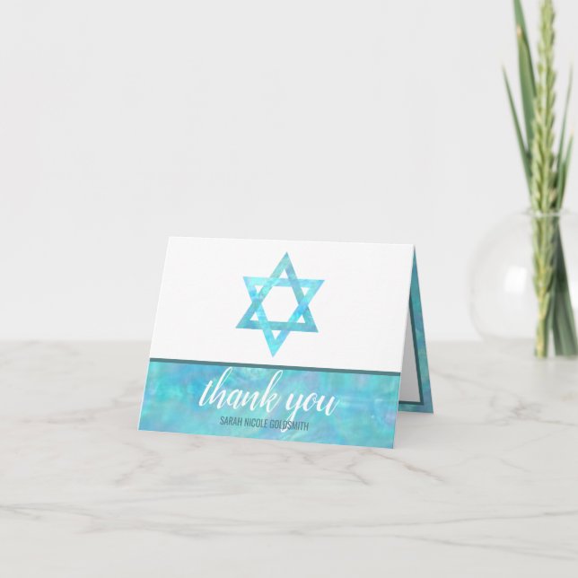 Bat Mitzvah Blue Opal Magen David Photo Chic Thank You Card (Front)