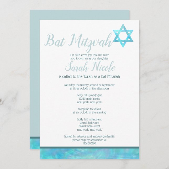 Bat Mitzvah Blue Opal Watercolor Chic Elegant Invitation (Front/Back)
