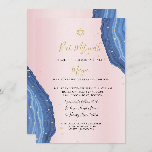 Bat Mitzvah Blue Pink Gold Jewish Invitation (Front/Back)