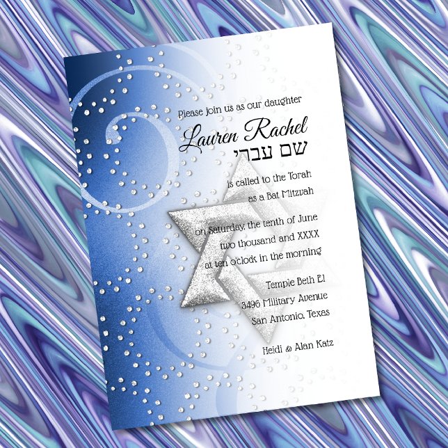 Bat Mitzvah Blue Shimmer Star of David Invitation (Creator Uploaded)