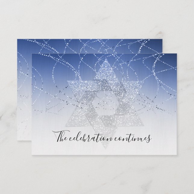 Bat Mitzvah Blue Star Glittery After Party Card (Front/Back)