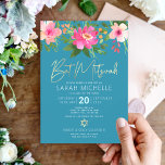 Bat Mitzvah Blue Watercolor Floral Gold Script<br><div class="desc">Be proud, rejoice and showcase this milestone of your favourite Bat Mitzvah with this sophisticated, personalised invitation! A chic, stunning, pink and peach floral watercolor with faux gold foil script typography and modern white sans serif type overlay a dusty turquoise teal blue background. Personalise the custom text with your Bat...</div>