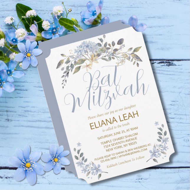 Bat Mitzvah Blue Watercolor Floral Invitation (Pretty Blue Floral Bat Mitzvah Invitation)