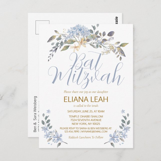 Bat Mitzvah Blue Watercolor Floral Postcard (Front/Back)