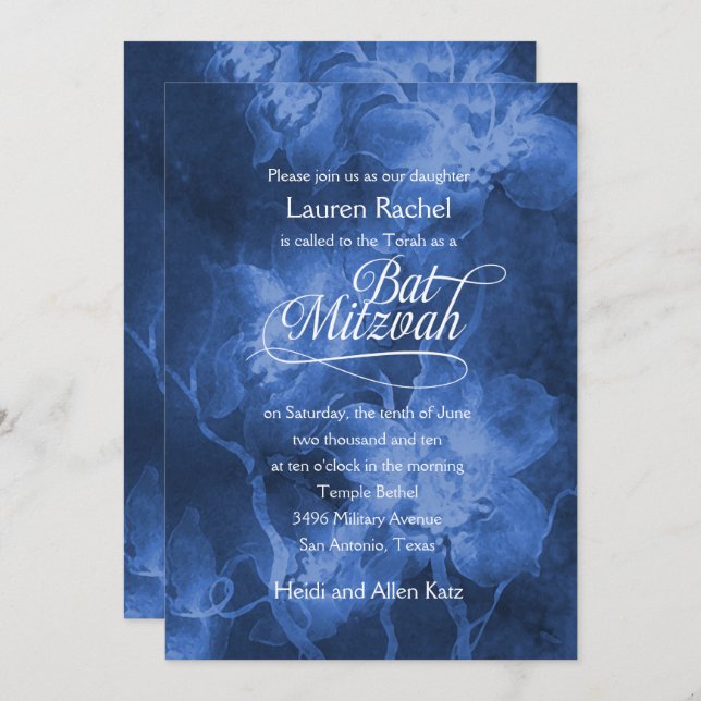 Bat Mitzvah Blue Watercolor Flowers Invitation (Front/Back)