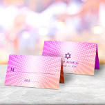 Bat Mitzvah Bold Boho Retro Pink Orange Gradient Place Card<br><div class="desc">No Bat Mitzvah party is complete without personalised place cards. Let your favourite Bat Mitzvah be proud, rejoice and celebrate her milestone at her perfectly coordinated party. Fun, hot pink purple typography and Star of David overlay a background of pop light orange and pink ombre gradient rays with white dots....</div>
