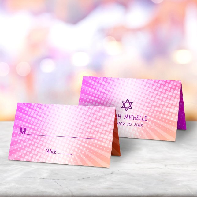 Bat Mitzvah Bold Boho Retro Pink Orange Gradient Place Card (Creator Uploaded)