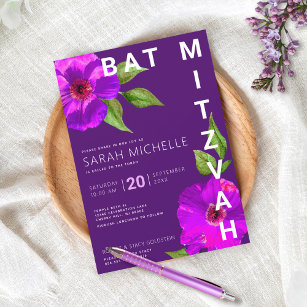 Bat Mitzvah Bold Modern Purple Floral Watercolor Invitation