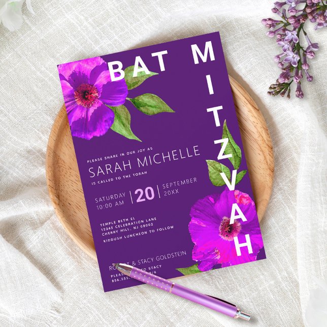 Bat Mitzvah Bold Modern Purple Floral Watercolor Invitation (Creator Uploaded)