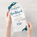 Bat Mitzvah Bold Modern Turquoise Agate Script All In One Invitation<br><div class="desc">Be proud, rejoice and showcase this milestone of your favourite Bat Mitzvah! Send out this cool, unique, modern, custom all-in-one invitation for an event to remember. Dark teal blue script typography and faux gold Star of David overlay simple, clean white background with turquoise blue agate accented with faux gold veins....</div>