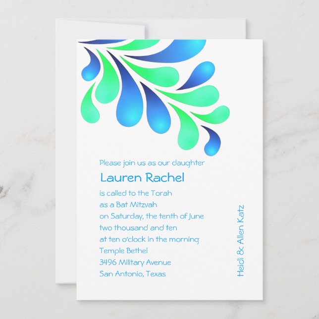 Bat Mitzvah Bold Plume Blue Green on Any Colour Invitation (Front)