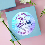 Bat Mitzvah Bold Retro Boho Blue Purple Gradient Classic Round Sticker<br><div class="desc">Be proud, rejoice and showcase this milestone of your favourite Bat Mitzvah! Use this boho retro, personalised sticker to add to her special day. Fun, trendy, bold purple and navy blue typography with modern sans serif typography overlay a background of pop light turquoise and purple ombre gradient rays with white...</div>