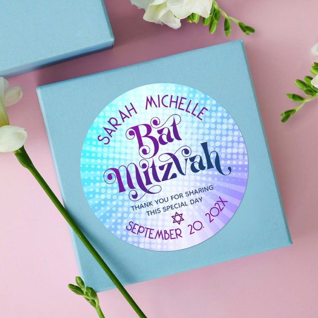 Bat Mitzvah Bold Retro Boho Blue Purple Gradient Classic Round Sticker (Creator Uploaded)