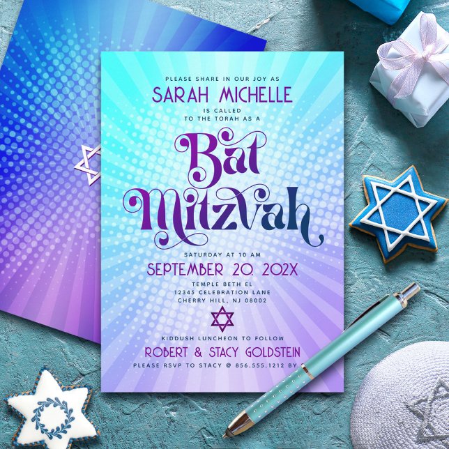 Bat Mitzvah Bold Retro Boho Blue Purple Gradient Invitation (Creator Uploaded)