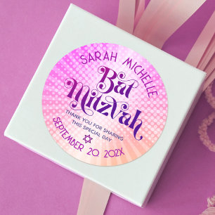 Bat Mitzvah Bold Retro Boho Pink Orange Gradient Classic Round Sticker