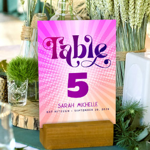 Bat Mitzvah Bold Retro Boho Pink Orange Gradient Table Number