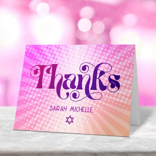 Bat Mitzvah Bold Retro Boho Pink Orange Gradient Thank You Card (Creator Uploaded)