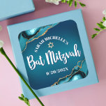 Bat Mitzvah Bold Turquoise Gold Agate Ombre Script Square Sticker<br><div class="desc">Be proud, rejoice and showcase this milestone of your favourite Bat Mitzvah! Use this cool, unique, modern, personalised sticker to add to her special day. White calligraphy script, bold white sans serif typography, and a faux gold Star of David overlay a deep turquoise teal blue ombre background with turquoise blue...</div>