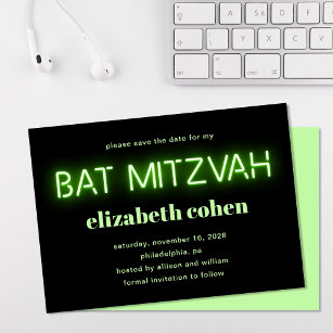 Bat Mitzvah Bright Green Neon Lights Save The Date Invitation