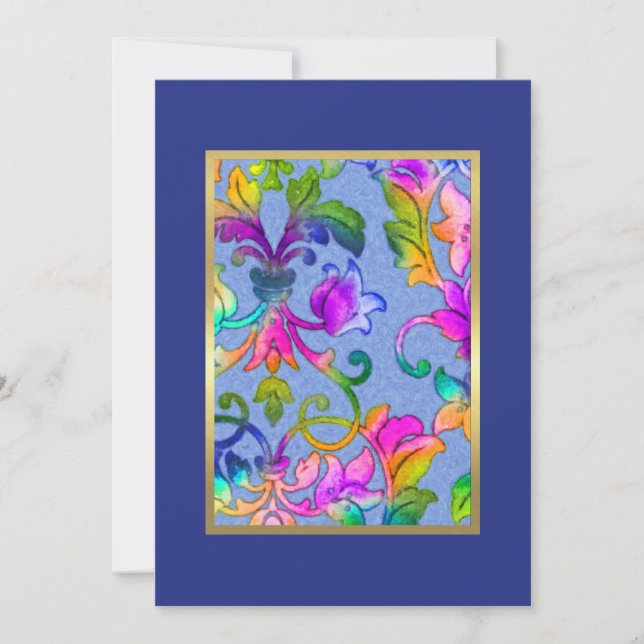 Bat Mitzvah Brightly Coloured Painted Damask Invitation (Front)