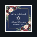 Bat Mitzvah Burgundy Blue Floral Gold Napkin<br><div class="desc">Bat Mitzvah Watercolor Burgundy Marsala Blue Floral Gold Frame Paper Napkin</div>