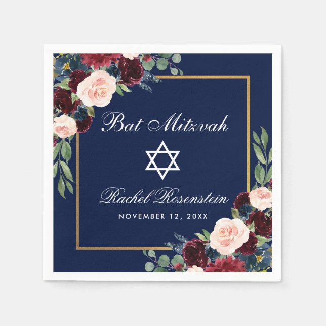 Bat Mitzvah Burgundy Blue Floral Gold Napkin (Front)