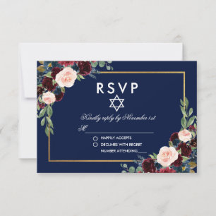 Bat Mitzvah Burgundy Blue Floral Gold RSVP Card