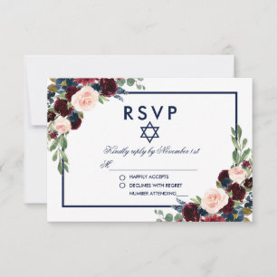Bat Mitzvah Burgundy Blue Floral RSVP Card