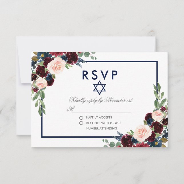 Bat Mitzvah Burgundy Blue Floral Silver RSVP (Front)