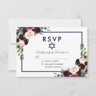 Bat Mitzvah Burgundy Blue Floral Silver RSVP Card