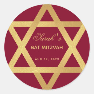 Bat Mitzvah Burgundy Faux Gold Foil Star of David Classic Round Sticker