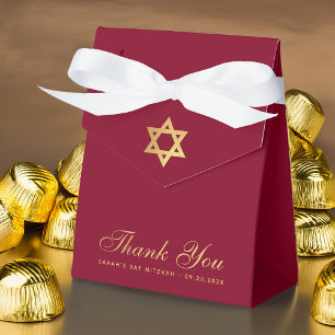 Bat Mitzvah Burgundy Faux Gold Foil Star Thank You Favour Box