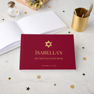 Bat Mitzvah Burgundy Faux Gold Star of David Girl Guest Book