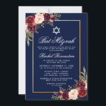 Bat Mitzvah Burgundy Floral Blue Gold Invitation<br><div class="desc">Bat Mitzvah Watercolor Burgundy Marsala Floral Blue Gold Invitation Card</div>