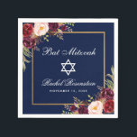 Bat Mitzvah Burgundy Floral Gold Napkin<br><div class="desc">Bat Mitzvah Watercolor Burgundy Marsala Floral Gold Frame Paper Napkin</div>